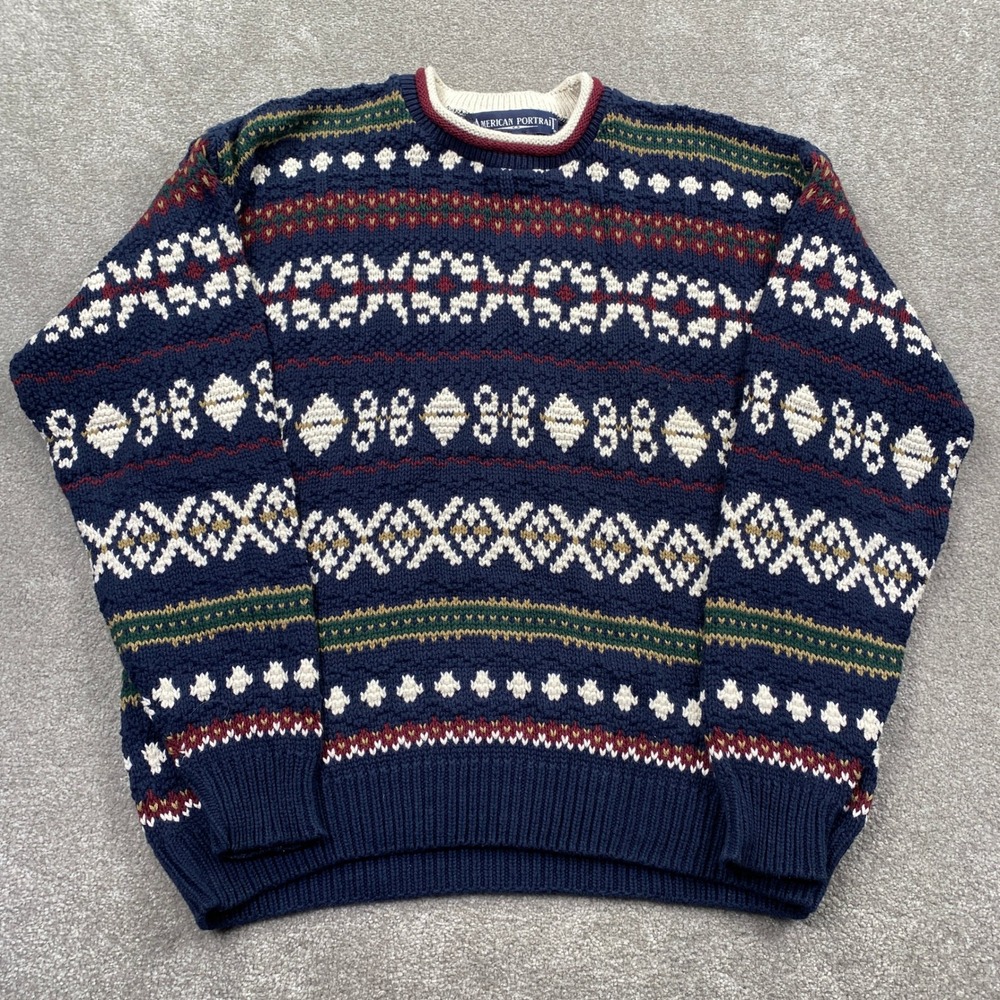 American Portrait Fair Isle Sweater Mens Large Navy Blue Cotton Vintage 90s USA